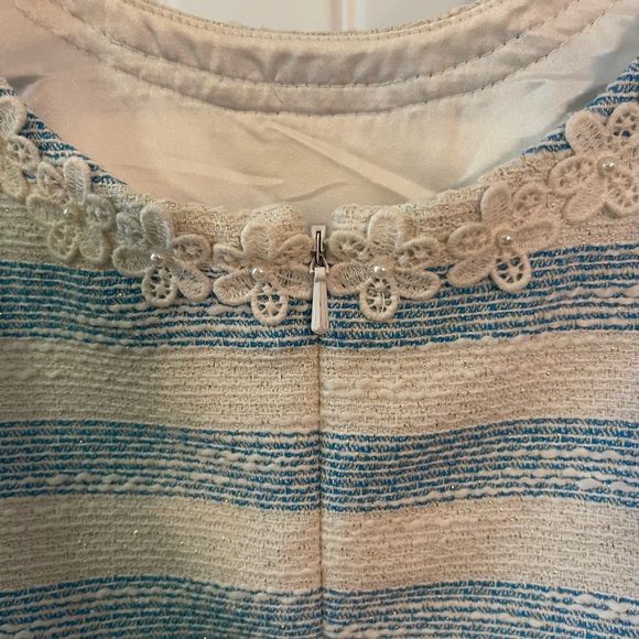 Lilly Pulitzer Rylan Flutter Blue Lurex Boucle Stripe Daisy Pearl Lace Dress - Picture 5 of 6